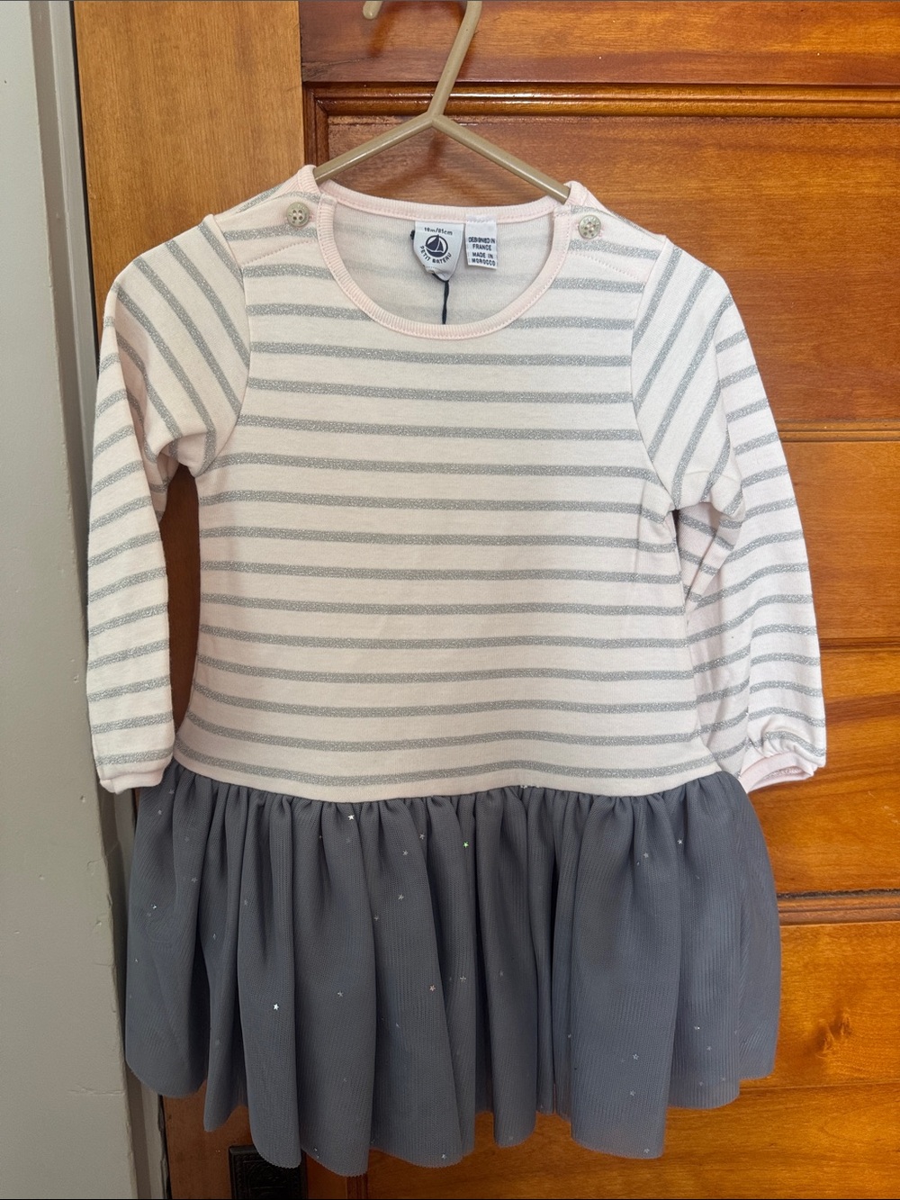 Petit Bateau Pink and Gray Striped Long-Sleeve Dress Top